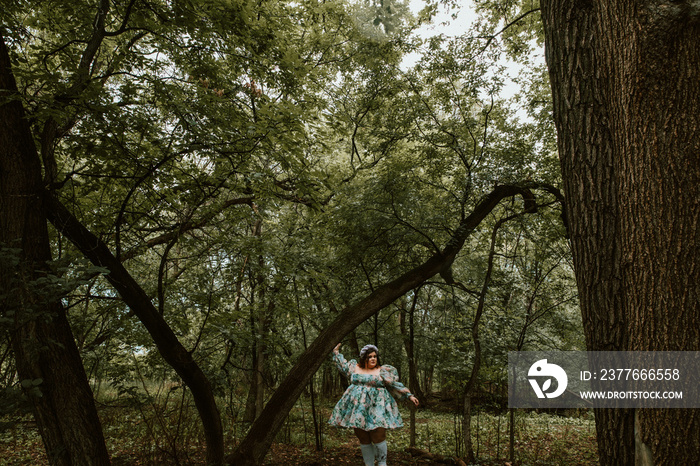 plus size woman wandering in the forest