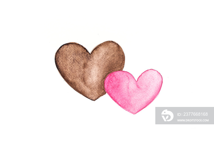 Pink and brown heart shapes drawn from watercolor on white paper