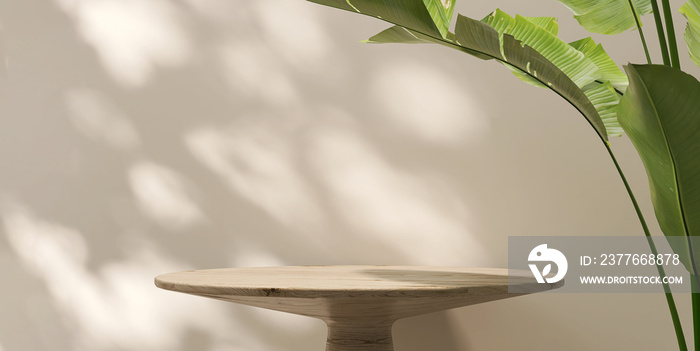 Wooden round side table with green tropical banana plant and beautiful sun light and leaf shadow on beige wall for luxury beauty, organic, health, cosmetic, jewelry fashion product display background