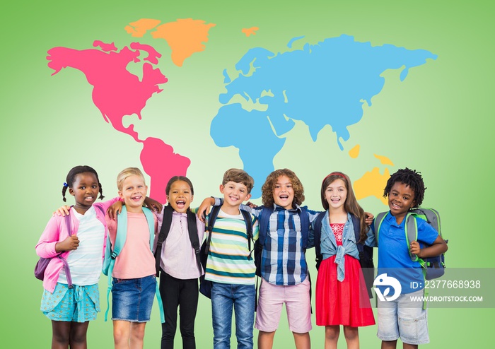 Multicultural School kids  in front of colorful world map