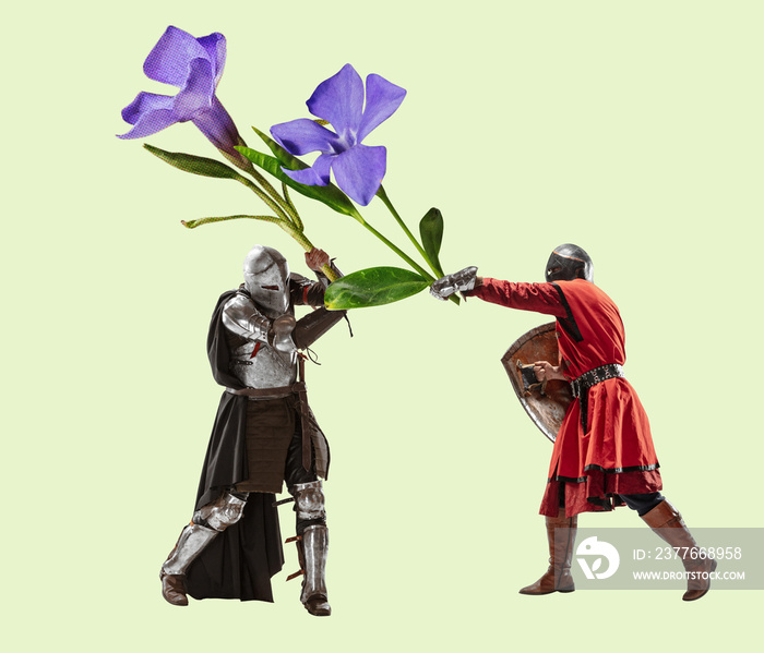 Congrats. Contemporary art collage. Idea, inspiration, aspiration and creativity. Medieval knights with flowers on light background.