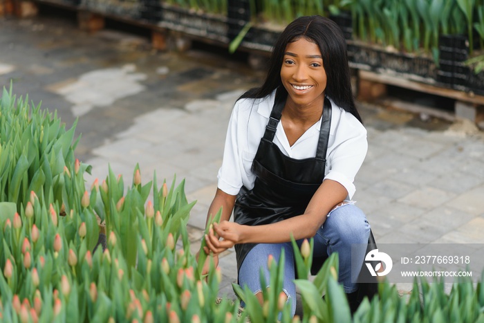 pretty young african gardener portrait in greenhouse