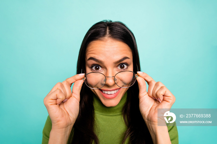 Close-up portrait of her she nice attractive cheerful cheery girl nerd scientist touching specs new information learn isolated on bright vivid shine vibrant blue green turquoise color background