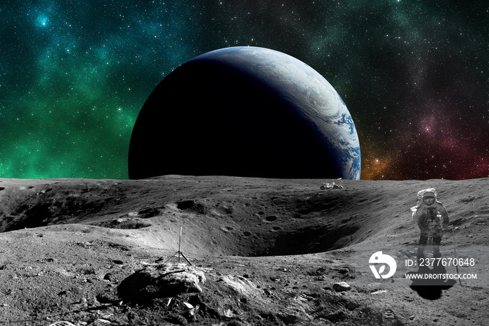 Astronaut on the Moon. Planet earth in background. Elements of this image furnished by NASA