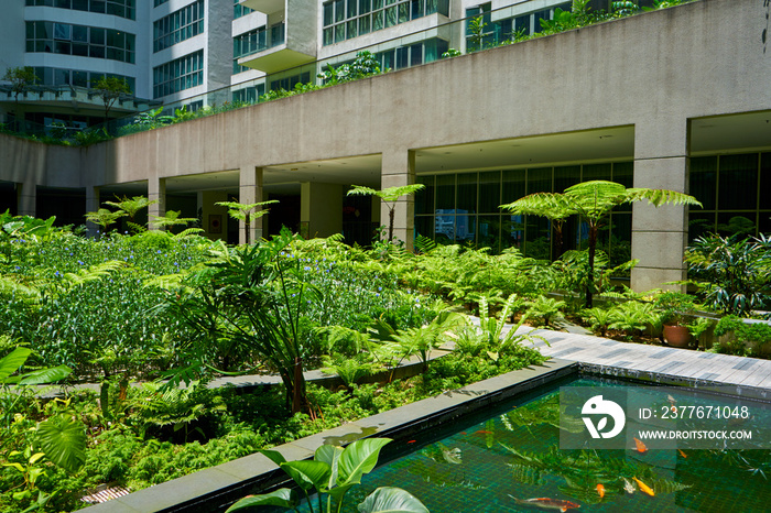 Green garden in the inner yard of residential building complex