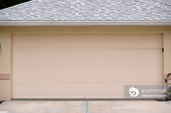 Wide garage double door and concrete driveway of new modern american house