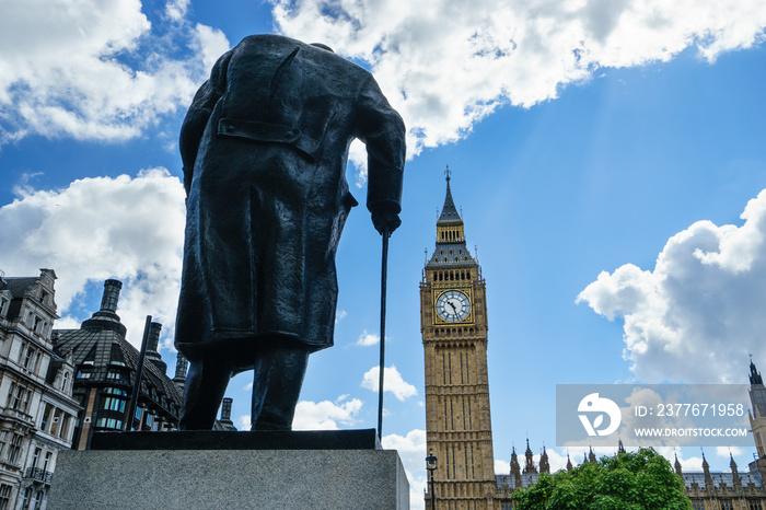 Big Ben and Winston Churchill’s statue at sunset, London