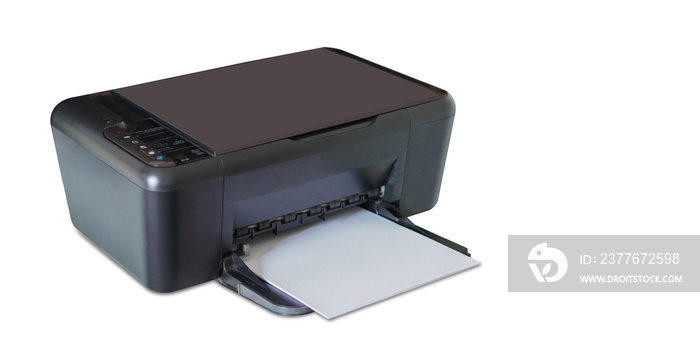 Black printer and white paper on white background, technology, object, copy space