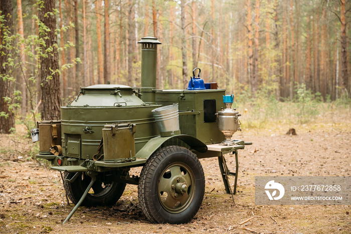 Russian Soviet World War Ii Field Kitchen In Forest. WWII Equipment