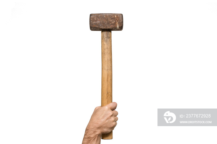 Old sledgehammer in a man’s hand. White background. Isolated