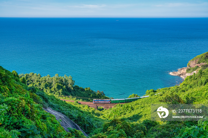 Aerial view of train and railway on Hai Van pass, Hue area, Vietnam