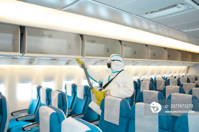 Coronavirus pandemic virus prevention. Airlines interior cabin deep cleaning for Covid-19.