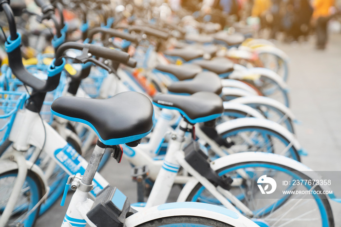 Bicycle rental service on city road parking with sunlight, public transportation concept.