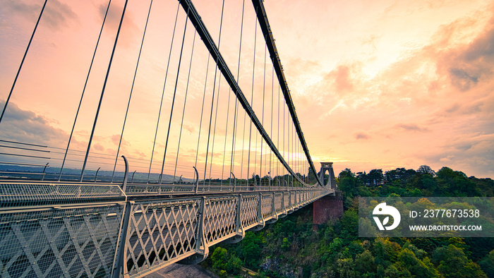 Clifton suspension bridge panoramic view at sunset, City of Bristol.