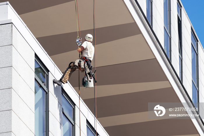 The worker hanging on climbing rope, clean the windows ond outer shell of the high rise building.