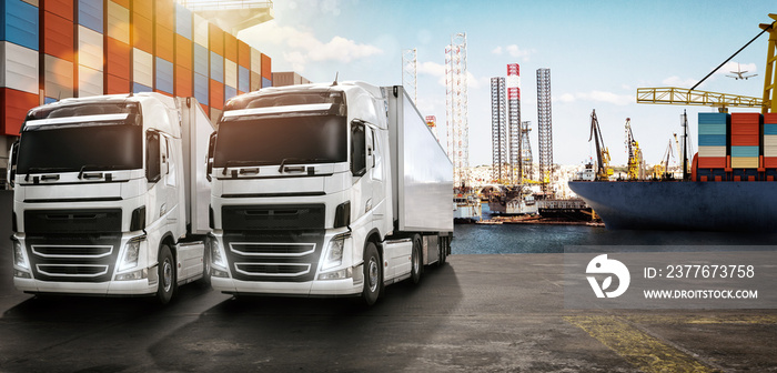 Trailer truck on the dock of a commercial port at sunset