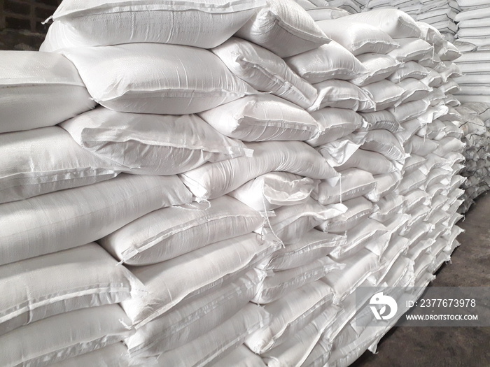 Chemical fertilizer The product stock is packed in sacks, stacked in the warehouse, waiting for delivery.