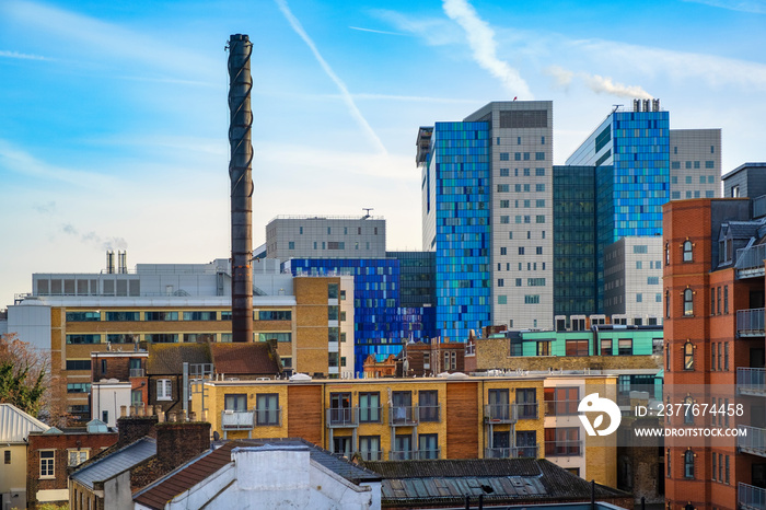 London, United Kingdom - Panoramic view of the Whitechapel district of East London with fusion of traditional and modernistic architecture neighboring Whitechapel street