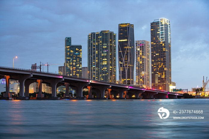 Miami. Bayside miami downtown behind MacArthur Causeway shot from Venetian Causeway, night.