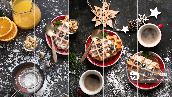 Collage of Christmas breakfast with waffles.