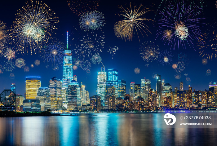 Colorful New York City Skyline with Flashing Fireworks - Celebration of New Year’s Eve