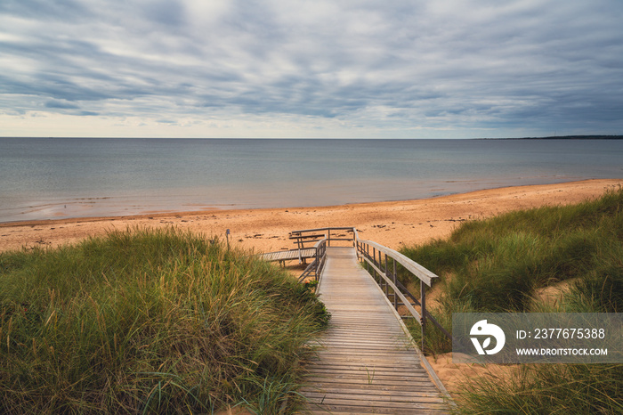 Wooden pathway leading to the famous Tylosand beach on the Swedish west coast. High resolution photo.