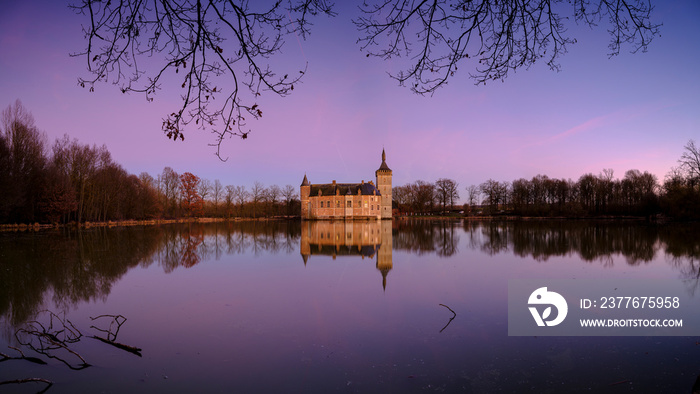 Calm sunset and reflections Kasteel van Horst near Holsbeek, Vlaanderen, Belgium