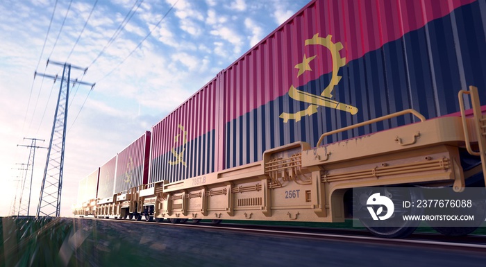 Angolan exports. Freight train with loaded containers in motion.