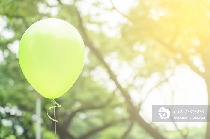 Green balloon floating with green leaves bokeh