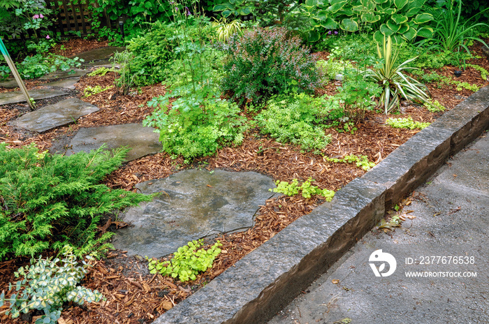 Beautiful natural stone edging acts as a retaining wall in this small urban front garden.
