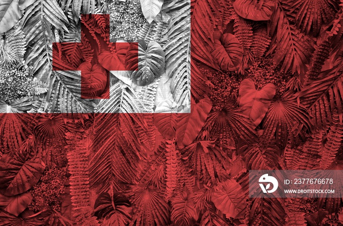 Tonga flag depicted on many leafs of monstera palm trees. Trendy fashionable backdrop