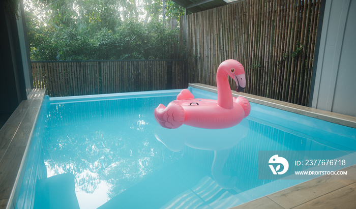 Pink inflatable ring flamingo plastic in the swimming pool blue water, Pool accessory equipment float for party, Trendy summer vacation feeling concept