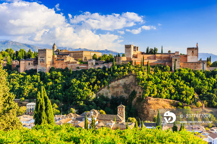 Alhambra of Granada, Spain. Alhambra fortress and Albaicin late afternoon.