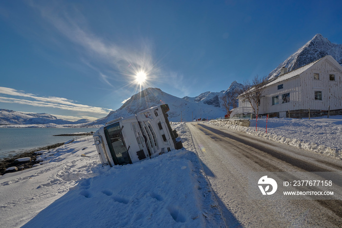 Crash big truck with semi-trailer, Norway around Nusfjord