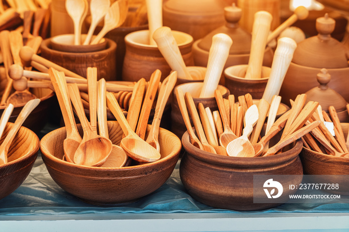 Wooden Spoons for sale at the handmade market. Craftsmanship and artisan concept