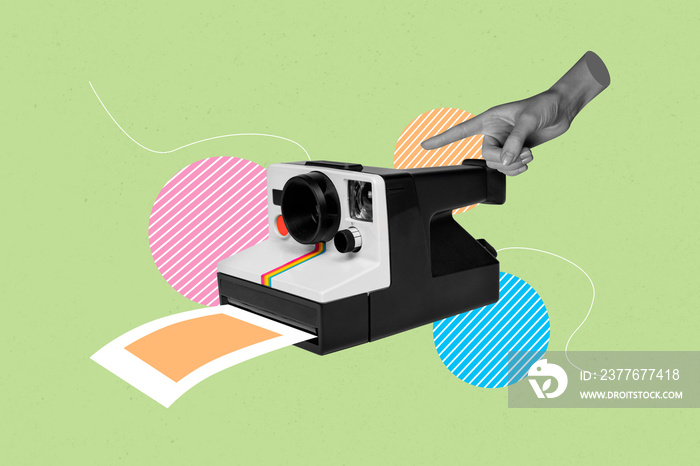 3d retro abstract creative artwork template collage of hand push button retro vintage instant photos camera memories remember old album