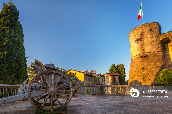 Cannon at the castle in Bergamo at sunrise, Italy