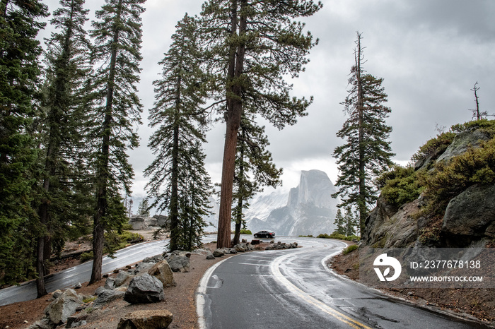 Half Dome in Yosemite National Park in October right after the rain. View from winding Glacier Point road. California. USA.