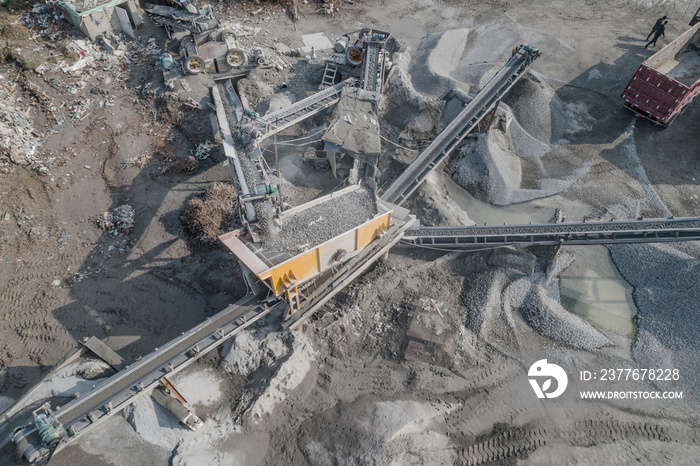 Aerial view of crushed stone quarry machine in a construction material factory