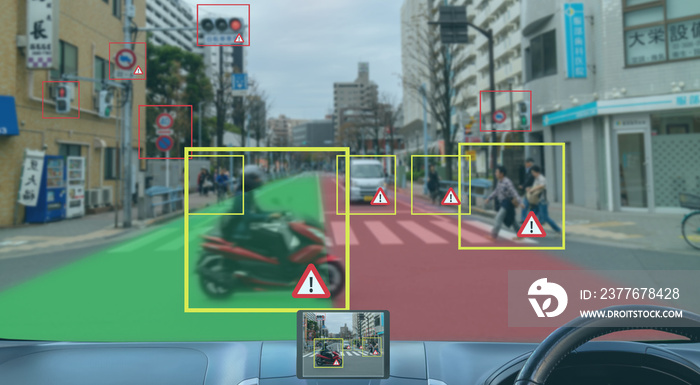 iot smart automotive Driverless car with artificial intelligence combine with deep learning technology. self driving car can situational awareness around the car, letting it navigate itself 360 degree