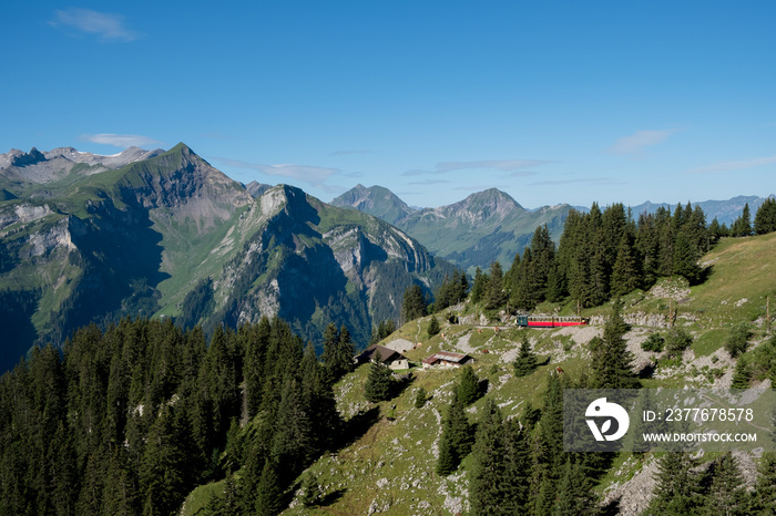 red historic railway in the swiss alps, schynige platte