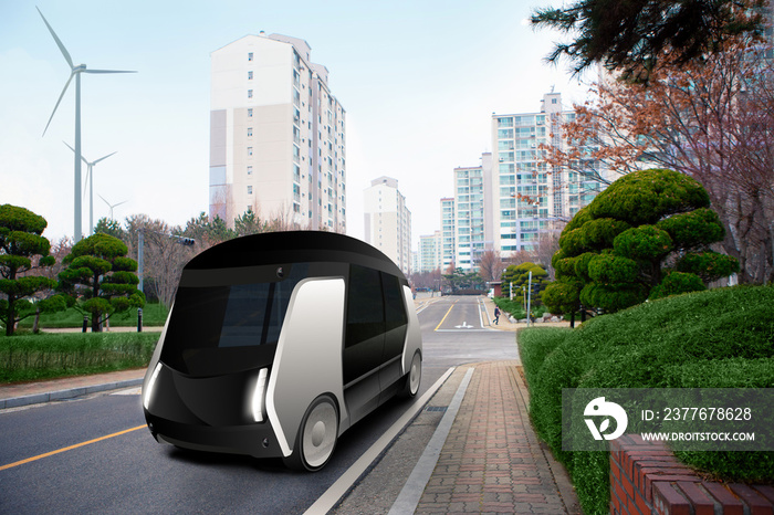 Futuristic autonomous bus on the city street.