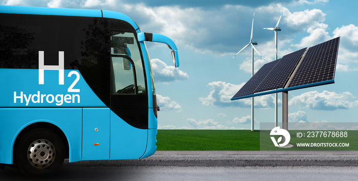 A hydrogen fuel cell bus on a background of wind turbines and solar panels