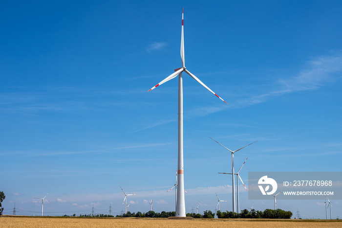 Wind turbines in a crop field on a sunny day in Germany