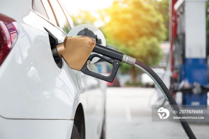 Pumping gasoline fuel in car at gas station.concept Travel,price oil,industrail business and transportation.