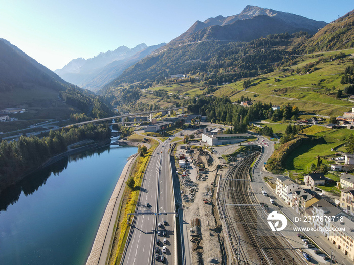 Cars in queue waiting to enter the Gotthard motorway tunnel at Airolo in Switzerland ..