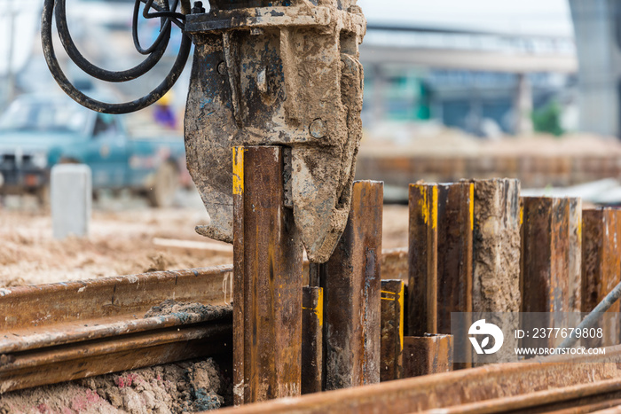 Retaining wall steel sheet pile driving machine work