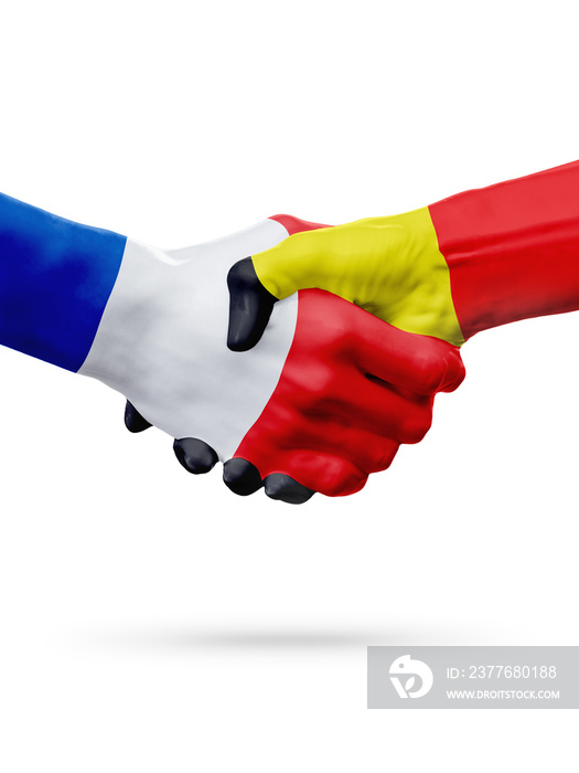 Flags France, Belgium countries, partnership friendship handshake concept.