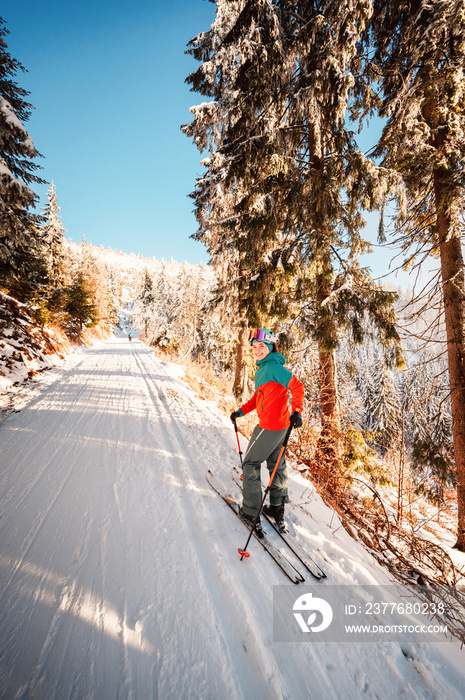 Mountaineer backcountry ski walking ski alpinist in the mountains. Ski touring in alpine landscape with snowy trees. Adventure winter sport. High tatras, slovakia landscape