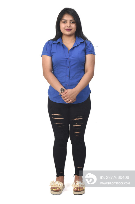 full portrait of a latin american woman on white background